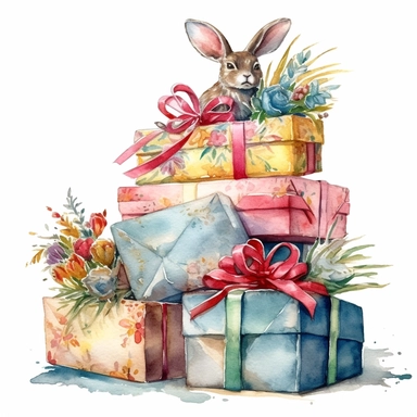 insanely beautiful pile of 3 gift packages , in the style of beatrice potter, 32k uhd, hand-painted details, pastoral illustrations, amazing colour combinations , aquarellist, hd , white background clipart ,-- no watermark--ar 27:37