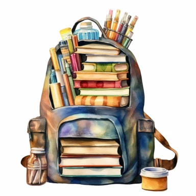 A clipart image of a watercolor backpack filled with books and school supplies on a white background.