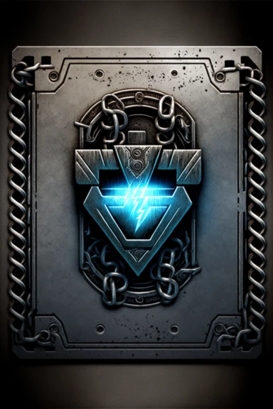 grungy metallic Flat coloured card design of a symmetric thick silver chain link icon cardback , cartoony clipart card design, Logo, glowing Gundam visor magic spell icon, little-flat Graphic Design , grey metal grid background