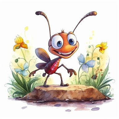 children book illustration. cartoon ant walking happy in a garden. Watercolor clipart. Pixar animation