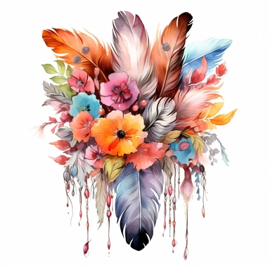 Create a mesmerizing composition of boho flowers and delicate feathers in a watercolor style. The vibrant colors and intricate details of the floral clipart bouquets and feathers come together to form a captivating artwork. Let the bohemian spirit of nature and freedom inspire this enchanting design.