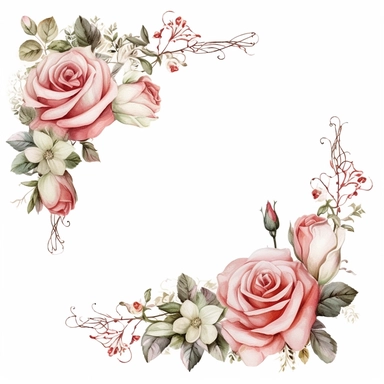roses with babies breath, page border style, white background, clipart, watercolor, vintage--q2