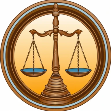 Create a clipart image of the scales of justice viewed from the front. The scales should be balanced and level, with equal weight on each side. The background could feature symbols of justice, such as a courthouse or a gavel, to reinforce the theme.