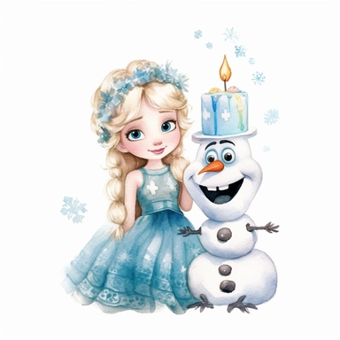 cute Elsa and Olaf the snowman, birthday party, Disney, Pixar style, watercolour white background Clipart