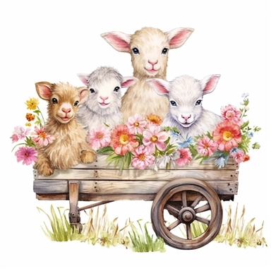 baby farm animals on a hay wagon a spring day, spring flowers and colors on a white background, clipart, vintage style--q2--s100