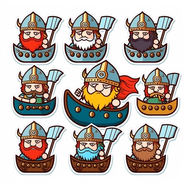 10 cute barbarian soldier army on viking ship stickers collection, clipart design, cartoon, 4k, white background