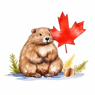 Design a detailed watercolor clipart featuring a beaver holding a canada flag. Depict it in a playful and artistic style, emphasizing their connection to Canada. Ensure each clipart is isolated on a clean white background, with a file size of 120K