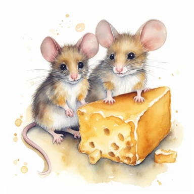 Create a clipart of a pair of adorable mice nibbling on a piece of cheese. The mice should have soft, fluffy fur, and the watercolor application can add depth and texture to their tiny bodies. Against a white background, the clipart will exude a delightful and whimsical vibe.