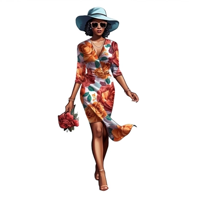 African american woman wearing floral dress and fedora hat Boss lady clipart modern fashion style anatomically correct realistic isolated white background
