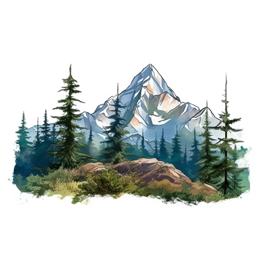 mountains with pine trees in the foreground, clipart, clear white background