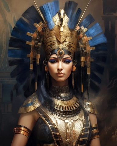 beautiful watercolour illustration, clipart, ancient egyptian goddess with traditional dark kohl eye makeup, egyptian style, commanding smile, touches of realism mixed with mystical and fantasy elements, uhd, realistic detail, egyptian colour schemes, 32k