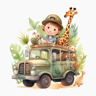 watercolor clipart,A super cute happy boy and safari animals, in a jungle jeep, illustration watercolor style, minimalistic, clipart, children's book illustration, hd, 16k, 4k ,isolated white background,single design, single object, watercolor illustration by mark ryden ,print on demand image, PNG transparent background, white background for removing background