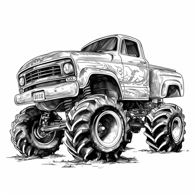 black and white monster truck clipart, 2d vector , sharp resolution, white background