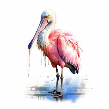 Roseate Spoonbill, use a combination of vibrant colors and subtle variations in color to capture the freshness and vitality of the scene. Let the transparent and flowing nature of watercolors add a sense of lightness and movement to the painting, clipart, plain isolated white background, 8k ultra detail high sharpness