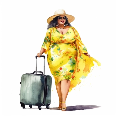 Realistic watercolor full body glamourous {{plus size, fat}} {{black, white}} woman, 35 year old lady with {{luggage, bag, summer hat}}, clipart, cozy, bright warm colors, character design, highlydetailed, full body, isolated on white background