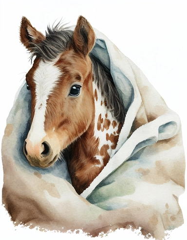 baby horse in a blanket, watercolor clipart, transparent background,