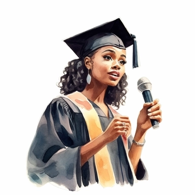 watercolor illustration of a college Graduation Speech, Black Female, Clip art, in the style of romantic illustration, Hand drawn, high detail, soft-focused realism