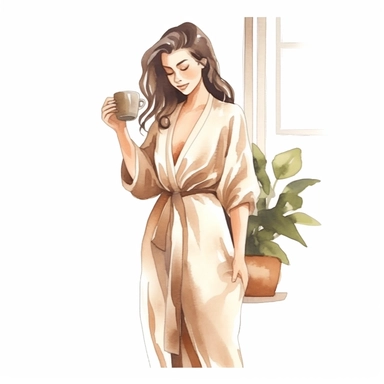 a watercolor sticker of a woman in white dress watering a big house plant. Clipart. Neutral beige faded color palette. White background. Artistic illustration. Hand-drawn.