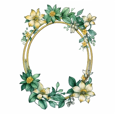 watercolor clipart of a empty suttle dainty floral oval frame surrounded by gold color flowers and emerald green flowers. Capture the essence of blooming beauty and intricate details in your artwork, white background