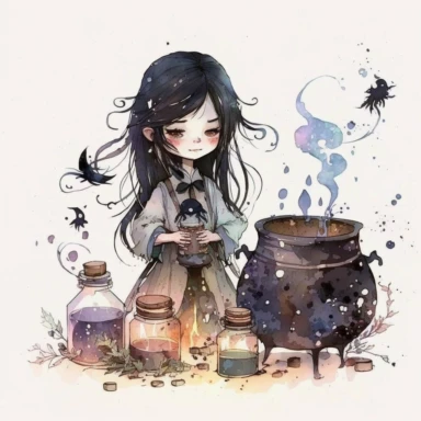 beautiful alchemist girl, black eyes, black long hair, brazier, metal pots, jars of potions, jars of herbs, decorated with stars, children illustration, watercolor image, hannah dale style, watercolor, white background, clipart