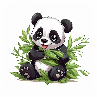 Generate a crisp clipart, pre-cropped image of a cute panda munching on bamboo leaves, pure white background