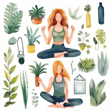 a set of high quality hand painted magical themed watercolour Yoga transparent clipart which includes illustrations of exercising women, fresh green plants, mindful lifestyle elements and others, modernistic design, fun mood, stylish, magazine style ad, ultra high quality. 8K