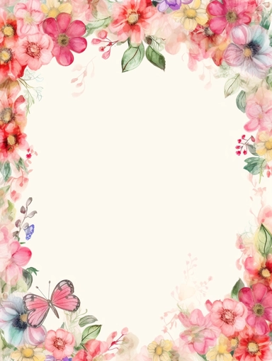 frame for poster, narrow vignette along the sides and the corners of the picture, little cute wild bright clipart flowers like hearts vignette, soff pastel blank center of the picture,
