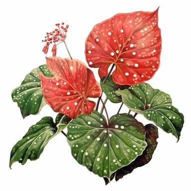 Clipart, Polka Dot Begonia's, tropical plant from Brazil, with large angel wing shaped leaves, in a vibrant olive green color, deep red undersides and polka dot finishes on top. It has silver spots on its surface and a crimson reddish underside
