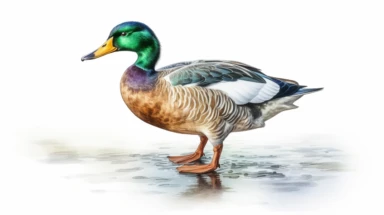 Mallard bird, sharp illustration clipart, watercolor art, insane detail, white background realistic photography, Higher coherence, Improved sharpness, accuracy, perfect look, perfect lighting, center of frame, ultra HD, 8k, Full body, OC renderer, sweet,sweet, dynamic background,(no unwanted borders or text artifacts)