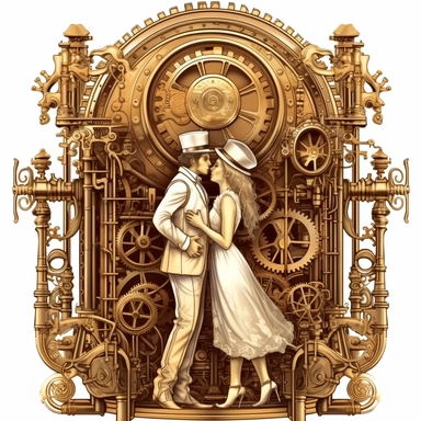 n the presence of a magnificent steampunk steam train, a couple embraces for their first kiss. The intricate clockwork mechanisms, ornate ironwork, and vintage charm create a captivating backdrop for their romantic moment. Ultra high quality, intricate detail, retro-futurism, pastel clipart, white background