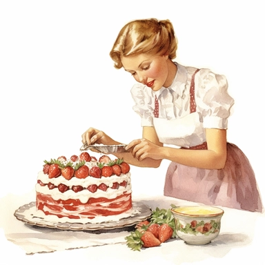 vintage style a beautiful woman preparing strawberry cake on kitchen counter clipart, strawberry cake, strawberries, vibrant colors, 1960, vintage, watercolor, realistic drawing in storybook illustration, pencil drawing by Angela Barrett, Elsa Beskow, hand fix, ultrafine detailed, highly detailed, high resolution, 8K, white background
