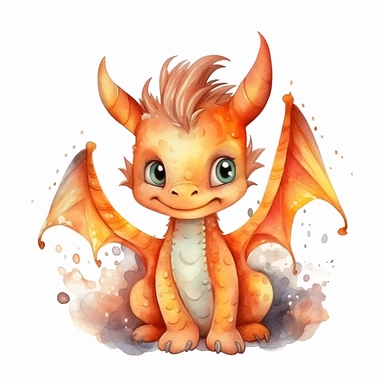 Cute happy Watercolor fire Baby Dragon Clipart, on a white background--s 1000