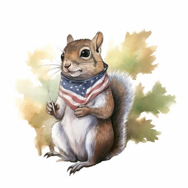 an Eastern gray squirrel, American flag scarf and sunglasses, on a tree branch with acorns, watercolor style, anime-inspired character designs, hyper-realistic animal illustrations, 2d game art, quadratura, clipart, on white background,
