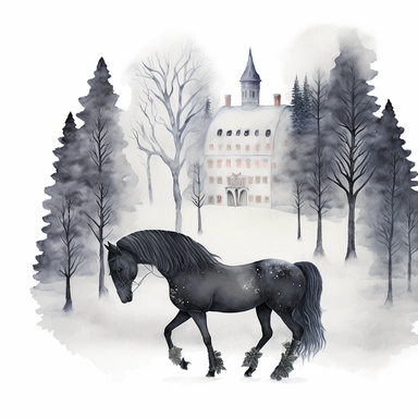 dark academia, horses, snow, fairytale, Christmas, swedish folk art, watercolor, white background, clipart