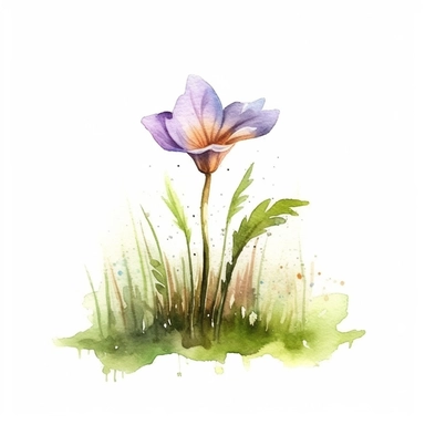 one woodland flower growing in grass watercolor clipart detailed