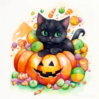 a large Halloween pumpkin, pumpkin is filled with colorful wrapped candies, lollipops, and candy corn, inside the pumpkin is a cute little black kitten with big green eyes, scattered candy is laying flat around the pumpkin, Halloween colors, magic, fantasy, watercolor, clipart style, white background with margins