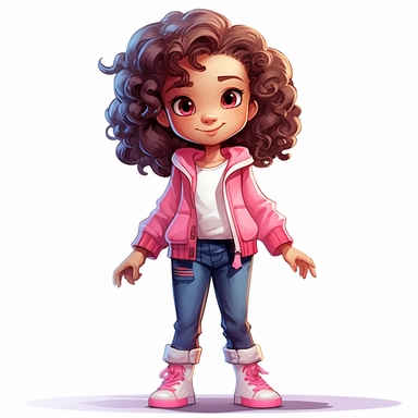 4 year old cartoon Pretty girl, cute cartoon white skinnned girl with medium lenght curly hair with a pink bow and brown eyes, wearing fuchsia t-shirt, pink coat, blue jeans and pink sneakers, smiling with her arms crossed. Pixar childrens book cartoon style, detailed, modern, urban, watercolor, full color, flat color, white background, children book illustration. Watercolor clipart. Pixar animation