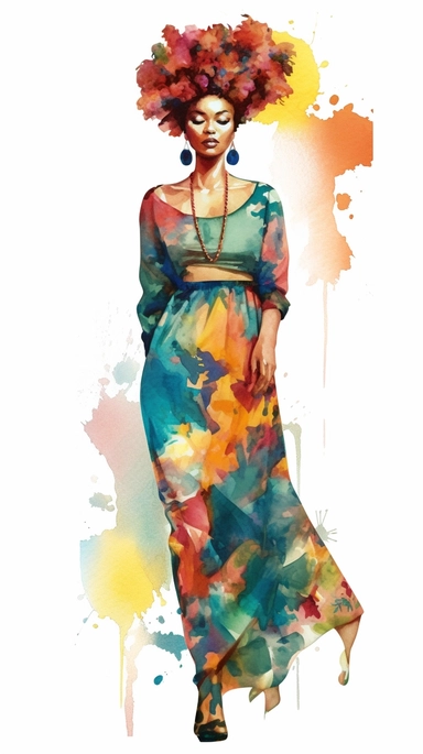 A vibrant watercolor illustration featuring an African American girl with a unique sense of beauty and style. Her hair is depicted with intricate textures and patterns, showcasing her natural beauty. The girl is shown in a fashionable outfit, exuding conf