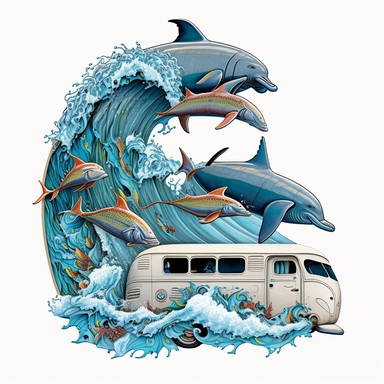 Craft an enchanting image of a van skillfully riding a cascading wave, surfboards positioned for action, while a family of dolphins playfully swims alongside, against a clean white backdrop, illustration style, white background, clipart, PNG pure white background, high resolution, hyper detailed, best quality, high detailed illustration