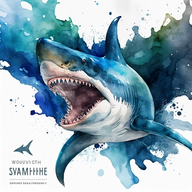 watercolor handpainted hammerhead shark clipart, The shark is swimming towards the viewer, and its mouth is open in a wide yawn, The shark's eyes are a deep blue color, and they are focused on the viewer, The clipart is done in a watercolor style, and it captures the beauty and power of the shark, The artist has used a variety of colors to create a sense of depth and movement. The water is a deep blue color, and the sun is shining brightly overhead, The shark is a light gray color, and its fins 