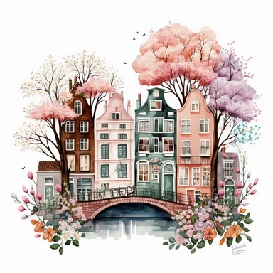 Very very cute and Whimsical quirky row houses, Amsterdam canal, bridges and water, town houses, tree blossom, colorful, Watercolored illustration in the style of Michael Powell, clipart, white background