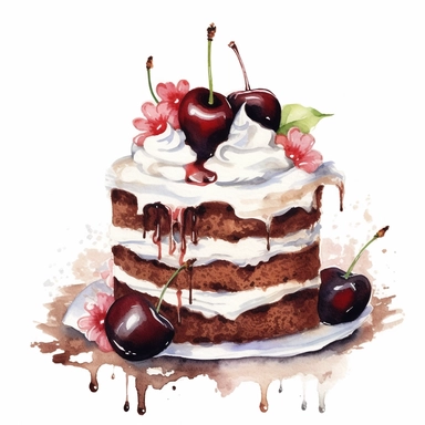 clipart, lifelike watercolor on white background, black forest cake with whipped cream frosting, chocolate shavings, and cherries on top