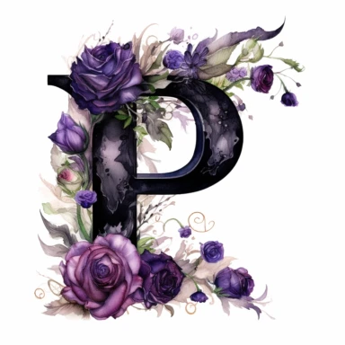 ultra beautiful Victorian vintage black alphabet letter P, decorated with goth black and purple roses, water colour illustration, clipart, white background