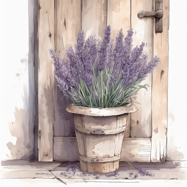 Create a beautiful watercolor clipart illustration of a dried bunch of a French lavender. potted plant against a rustic farm door. The composition should be set against an isolated white background, with a bright and airy feel. Focus on capturing intricate details such as the delicate petals of the lavender. Use a loose and fluid watercolor technique to create a sense of movement and lightness. Experiment with the use of negative space to create a sense of depth and perspective. Consider adding 
