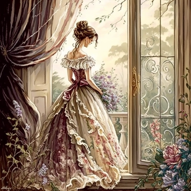 beautiful lady, very detailed, wearing beautiful flowing dress, standing by large victorian window, looking out the window, beautiful romantic bouquet of flowers, beautiful crystal ornate vase, sitting on table with decorative tablecloth, infront of large victorian window with beautiful flowing curtaings, soft colors, crisp colors, ribbon, very detailed, fantasy, romantic, clipart style
