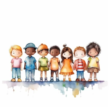 watercolor style, children standing together, from multiple cultures: european, african american, asian american, latino, indian, japanese, mexican, clipart, isolated on white background, 4K
