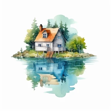 Watercolour small house on a lake, clipart on white background, no watermark, highly detailed, professional color gradation, clean sharpness