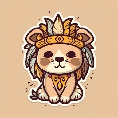 cute lion indian chief, sticker, kawaii style, vector clipart, black outline
