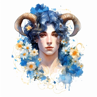 man, zodiac sign - Aries, flowers, Gilded, blue colors, high quality, clipart, white background, Artgerm