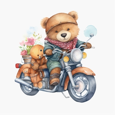 cute teddy bear riding harley davidson motorcycle and wearing leather biker jackaet and helmet, Sublimation graphics, by Beatrix Potter, Watercolor clipart, single design, print on demand image, PNG transparent background, white background